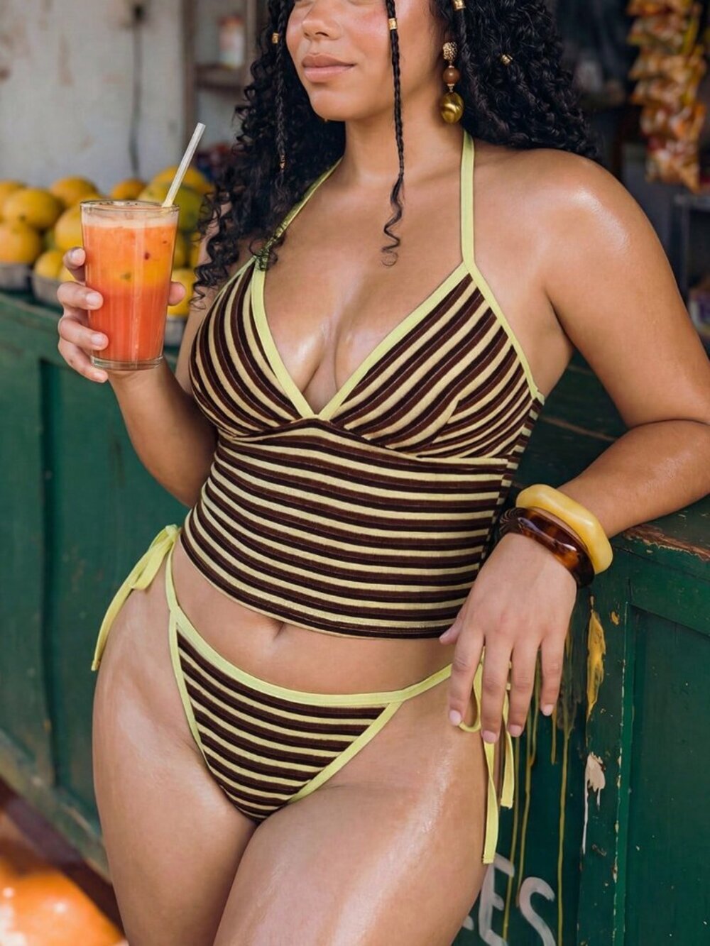 Multicolor Sexy plus size  Women's Tropical Striped bikini Set
